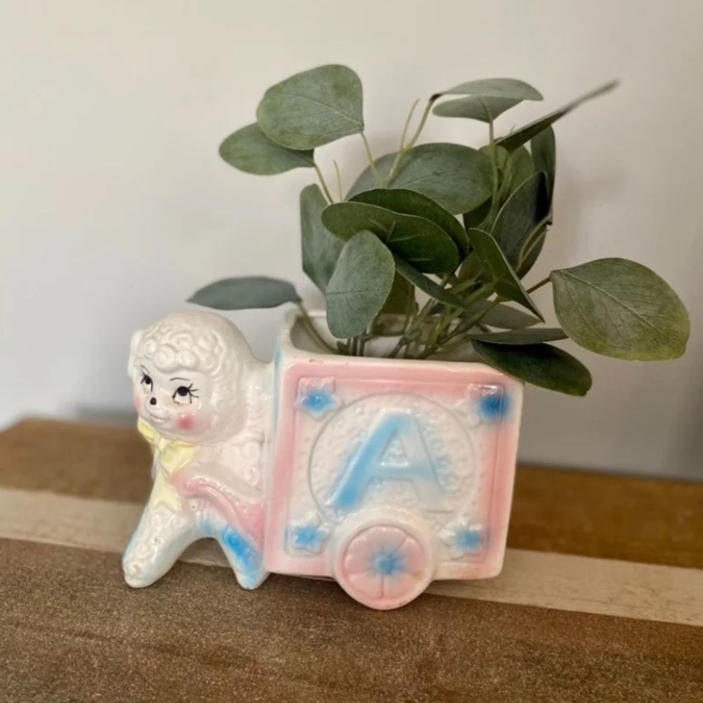 Vintage Ceramic ABC Lamb Planter Figurine Baby Nursery